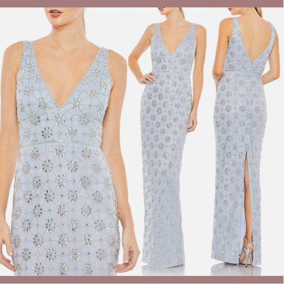 NWT Mac Duggal [ 18 ] Sleeveless Hand Beaded Floral V-Neck Gown Powder‎ Blue - Picture 1 of 16